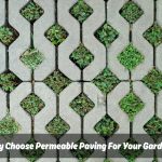 A close-up photo of grey concrete grid pavers with a lawn growing in between the gaps. Text in the top right corner reads "Why Choose Permeable Paving For Your Garden?