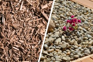 Comparison of organic mulch and gravel mulch for weed prevention, illustrating different types of mulch to prevent weeds effectively