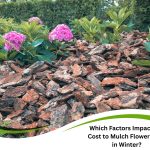 Flower garden with pink hydrangeas surrounded by bark mulch showing the cost to mulch flower beds in winter