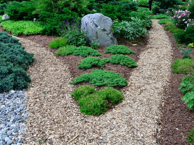 Garden path with mulch and crushed stone landscaping beside shrubs and decorative rock.