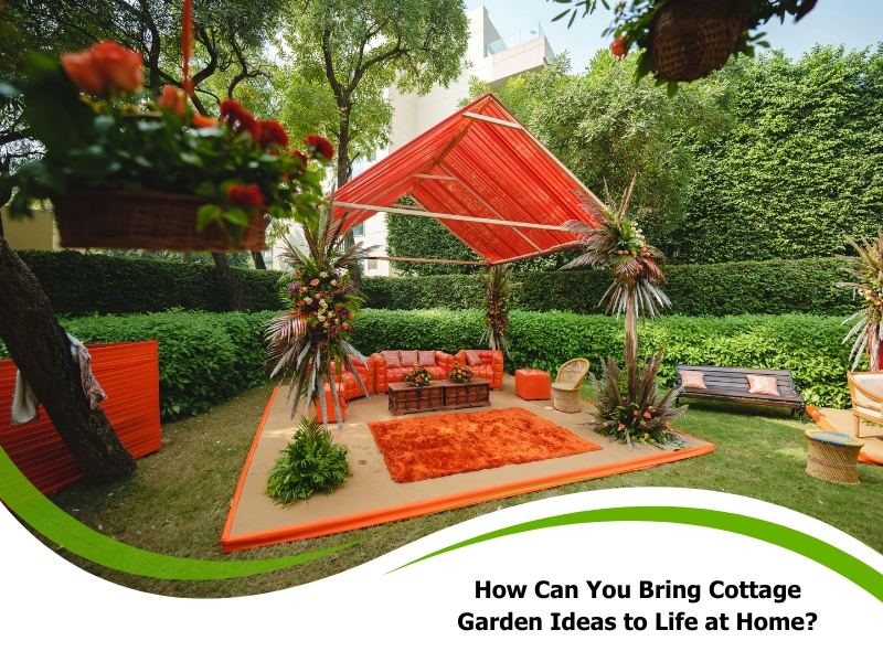 Outdoor canopy with orange seating, floral décor, and lush greenery highlighting creative cottage garden ideas for entertaining.