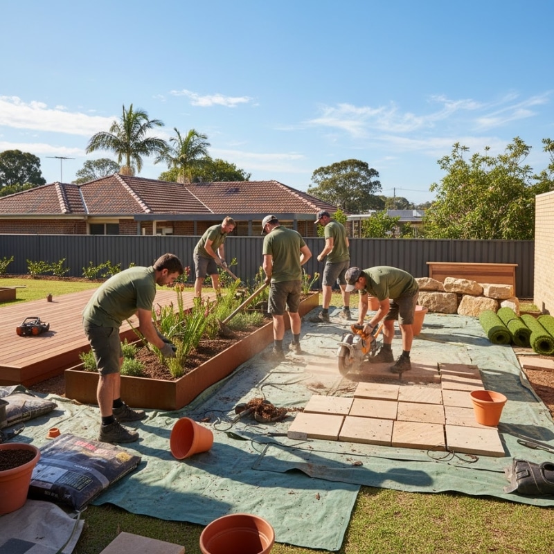 Landscapers carrying out garden construction work