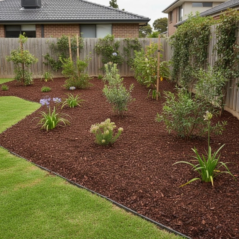 Mulched garden bed with improved soil coverage