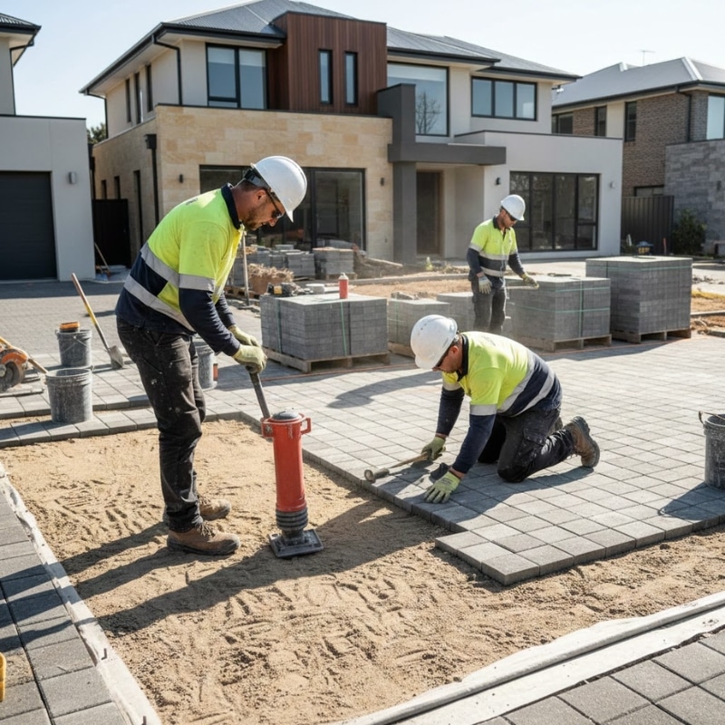 Paving contractors preparing and laying pavers