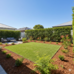 Low-maintenance Sydney garden with mulched beds and neatly edged lawn