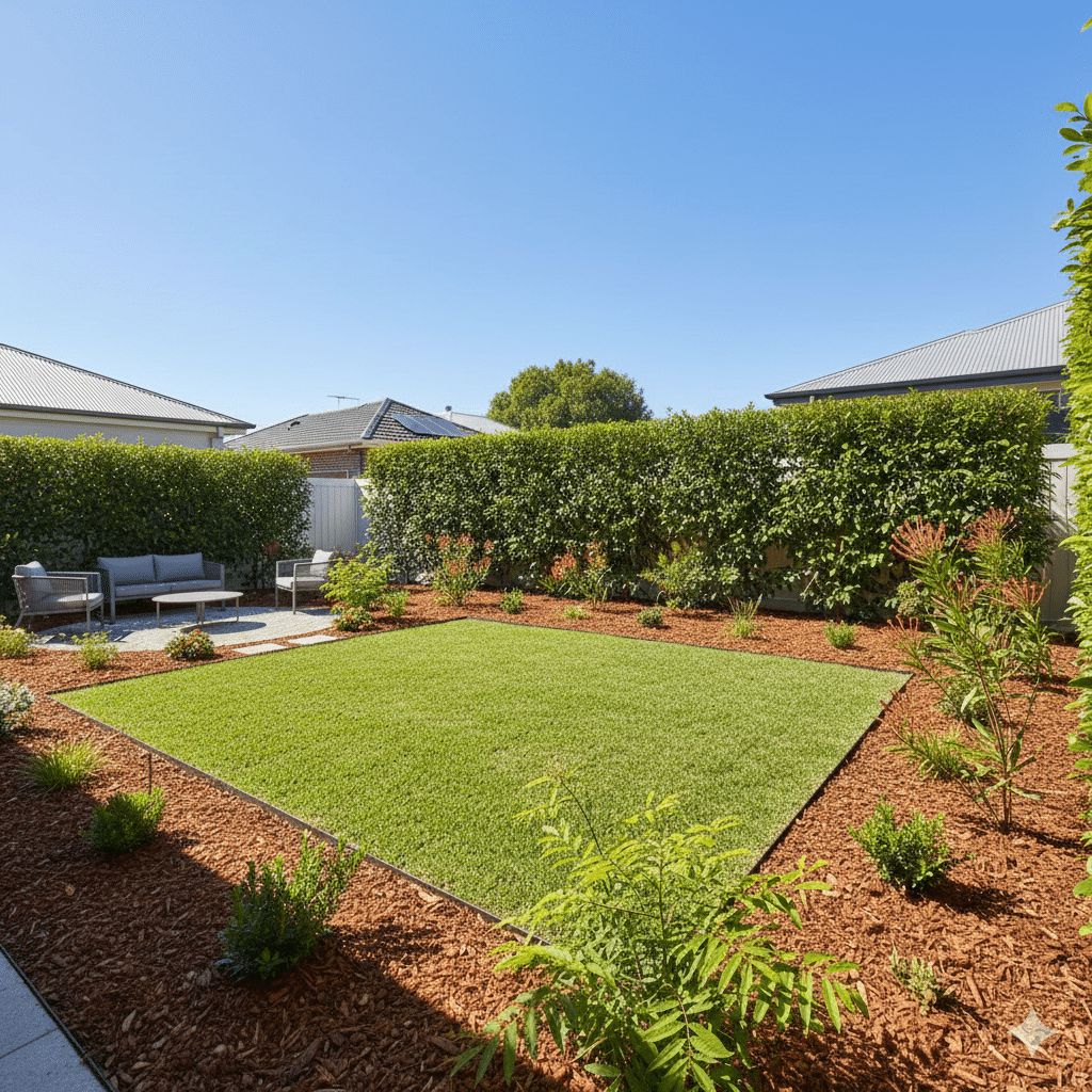 Low-maintenance Sydney garden with mulched beds and neatly edged lawn