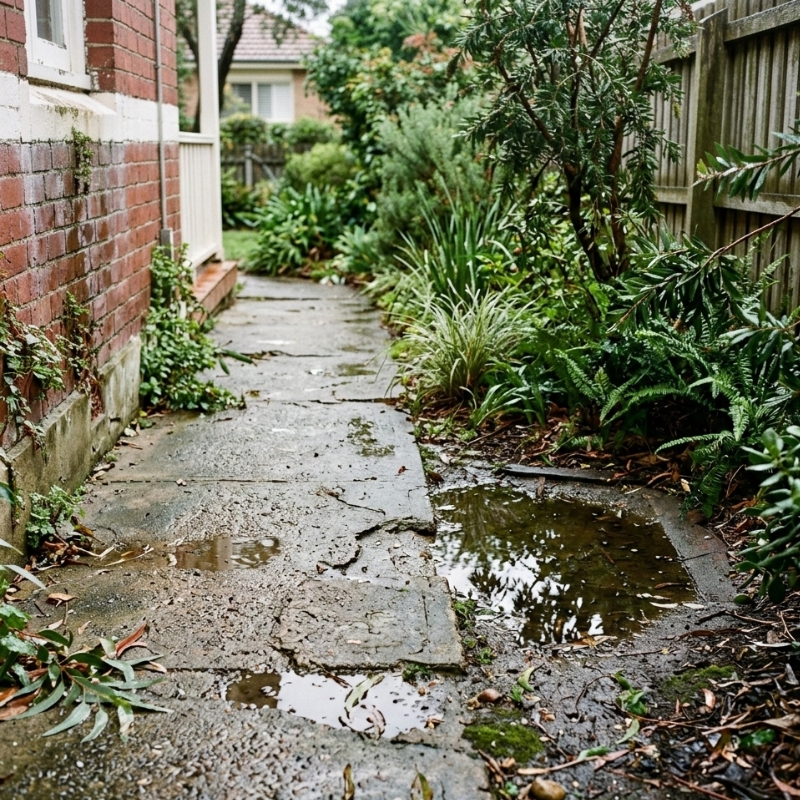 Uneven outdoor garden path in Sydney showing a sunken section and cracking after heavy rain