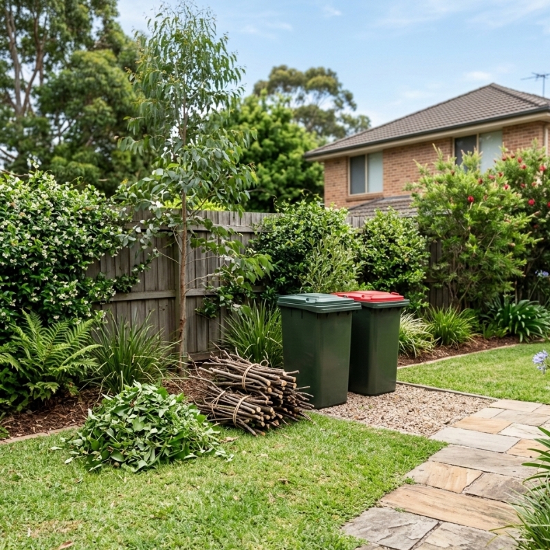 Green-lid garden organics bin beside a red-lid general waste bin with sorted garden clippings and bundled branches in a Sydney backyard.