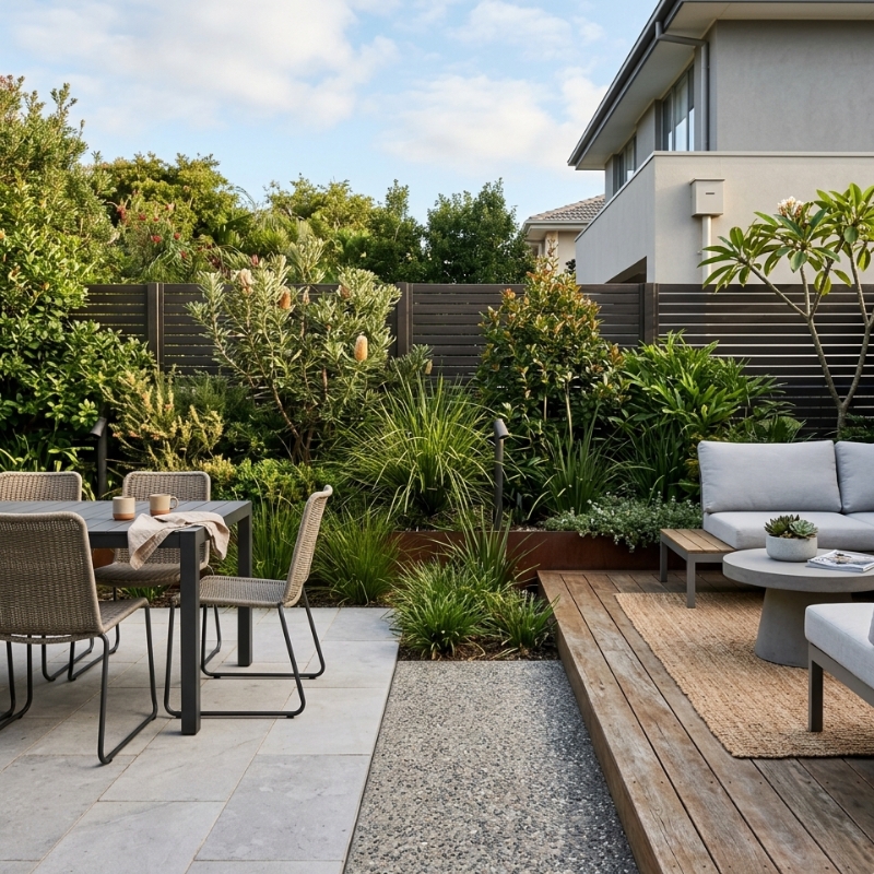 Comparison of pavers, concrete and timber decking in a Sydney backyard entertaining area.