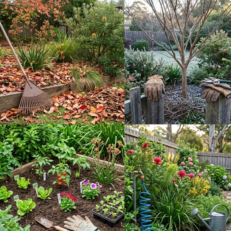 Sydney garden care by season showing autumn mulching, winter pruning, spring planting, and summer watering tasks.
