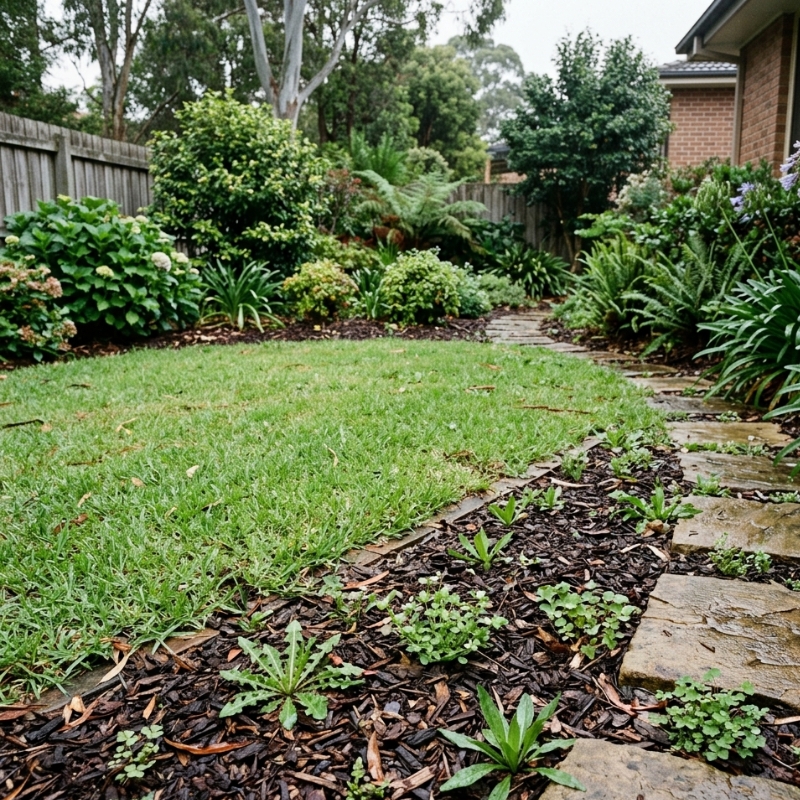 Common Sydney garden weeds emerging in a lawn edge, mulched garden bed, and between pavers after rain.