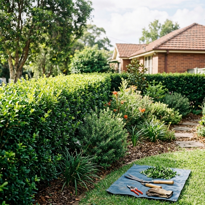 Seasonal hedge and shrub cut-back in a Sydney garden showing neat regrowth and tidy clippings on a tarp