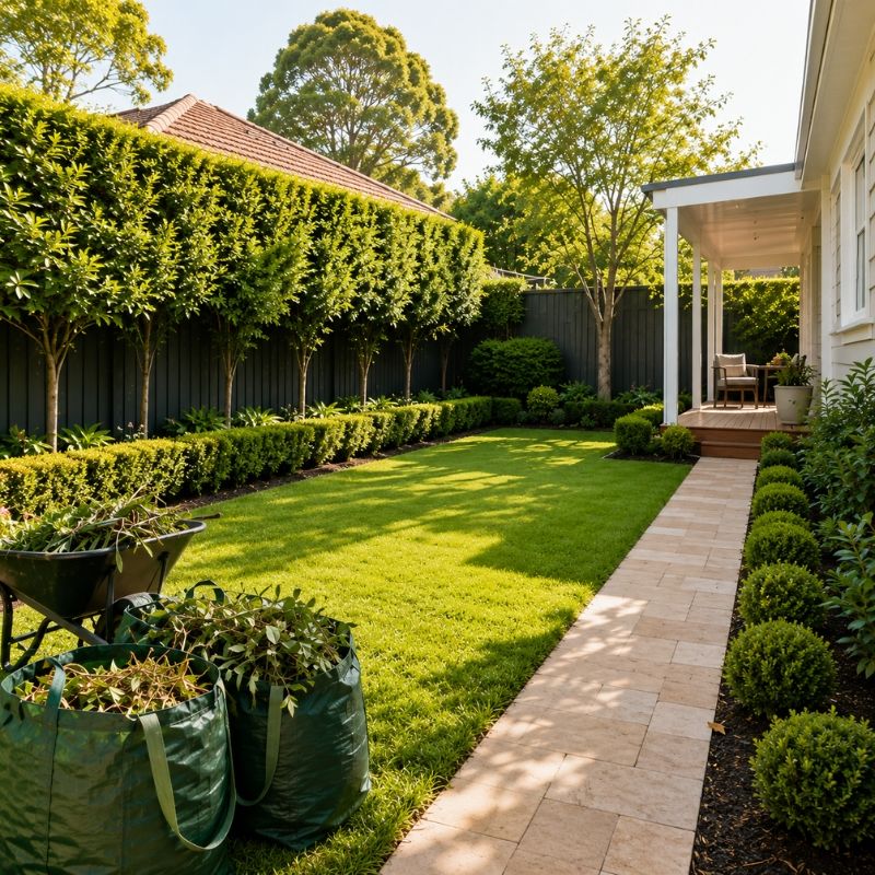 A neat residential backyard with trimmed hedges, manicured lawn, garden waste bags and paved walkway after Backyard Cleaning Services.