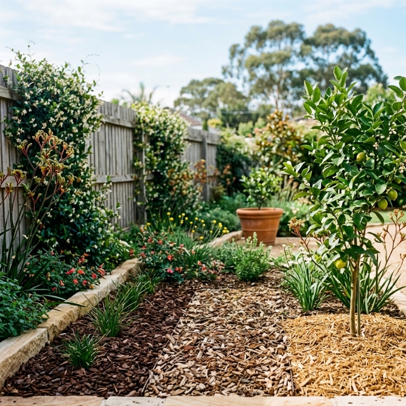 Side-by-side comparison of bark, woodchip and sugarcane ground cover in a Sydney garden bed.