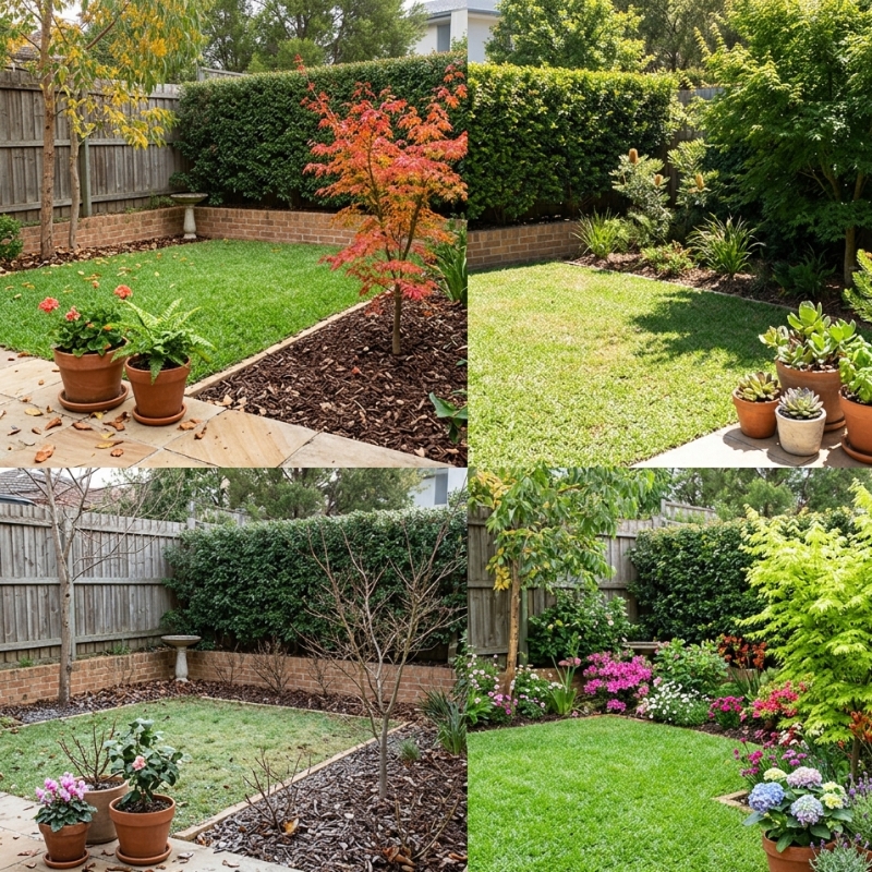 Sydney seasonal yard care calendar showing a small backyard with lawn, mulched beds, hedges and courtyard pots across the year.