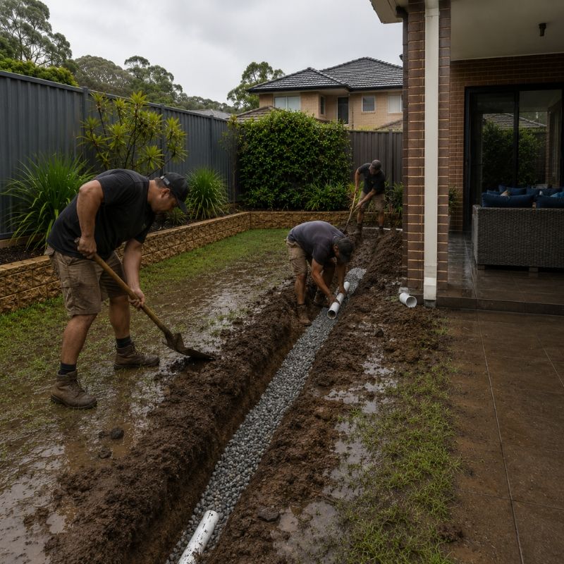 Team installing a French drain trench to solve soggy lawn in Sydney garden