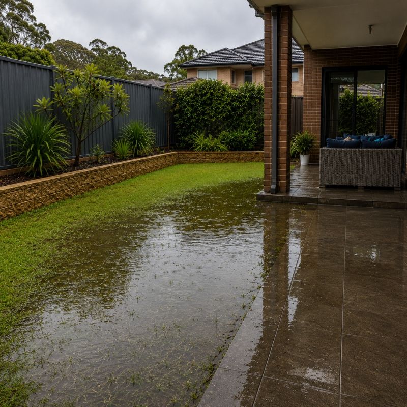 Water pooling beside backyard patio before garden drainage installation, Sydney