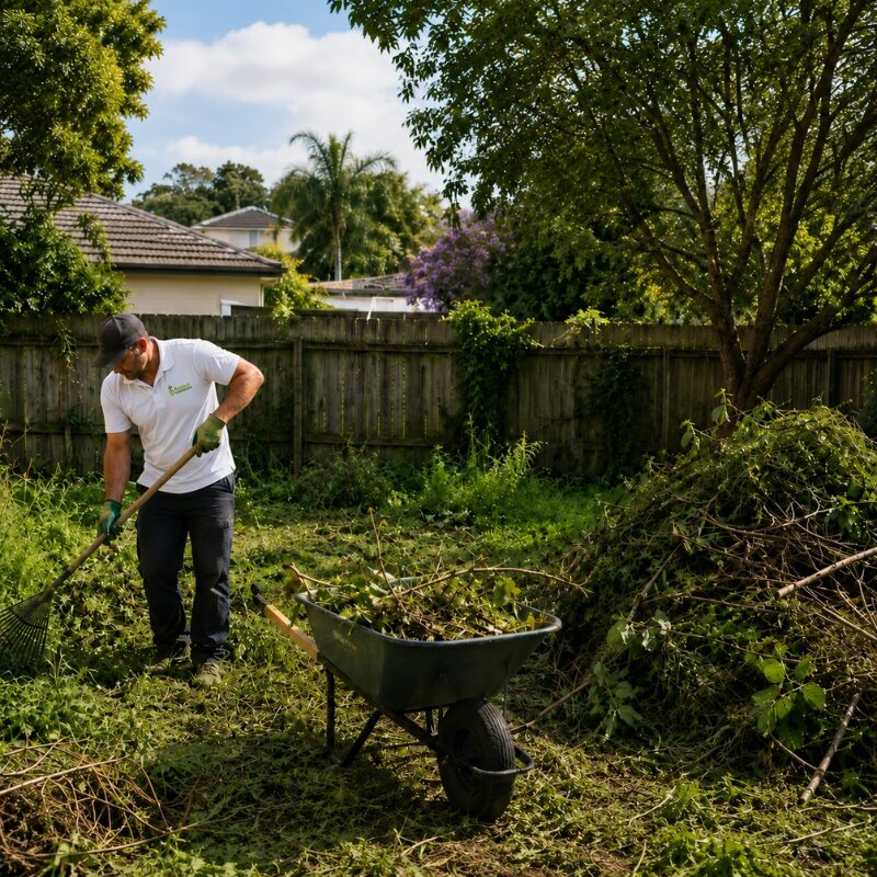 Gardener clearing overgrown backyard in Sydney before yard waste removal