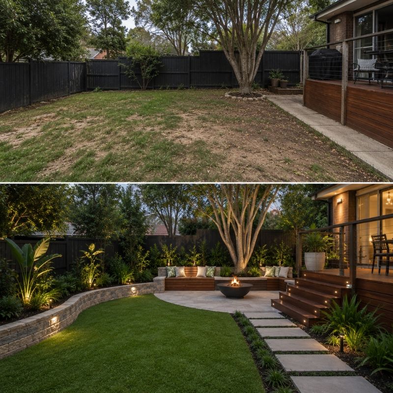 Backyard transformed from patchy lawn to structured outdoor living zones