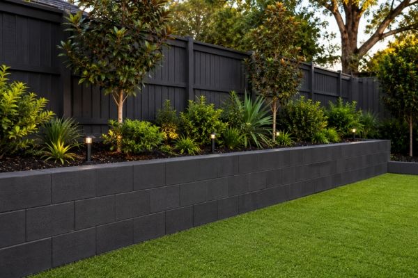 Charcoal block retaining wall bordering a level lawn
