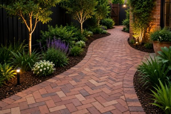 Brick pavers in a herringbone pattern on a garden path