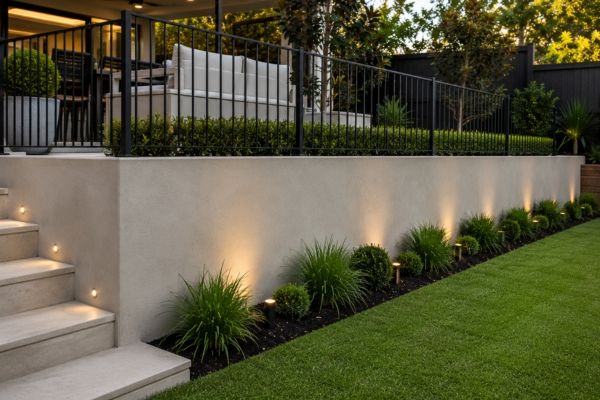 Rendered concrete retaining wall supporting a raised terrace
