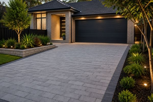 Finished driveway paving on a Sydney home with clean paver edges