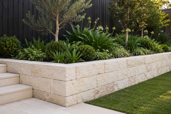 Pale limestone retaining wall around a raised garden bed
