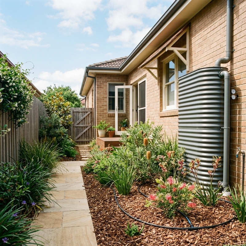 Low-water Sydney garden featuring drip irrigation, native shrubs, and a rainwater tank.