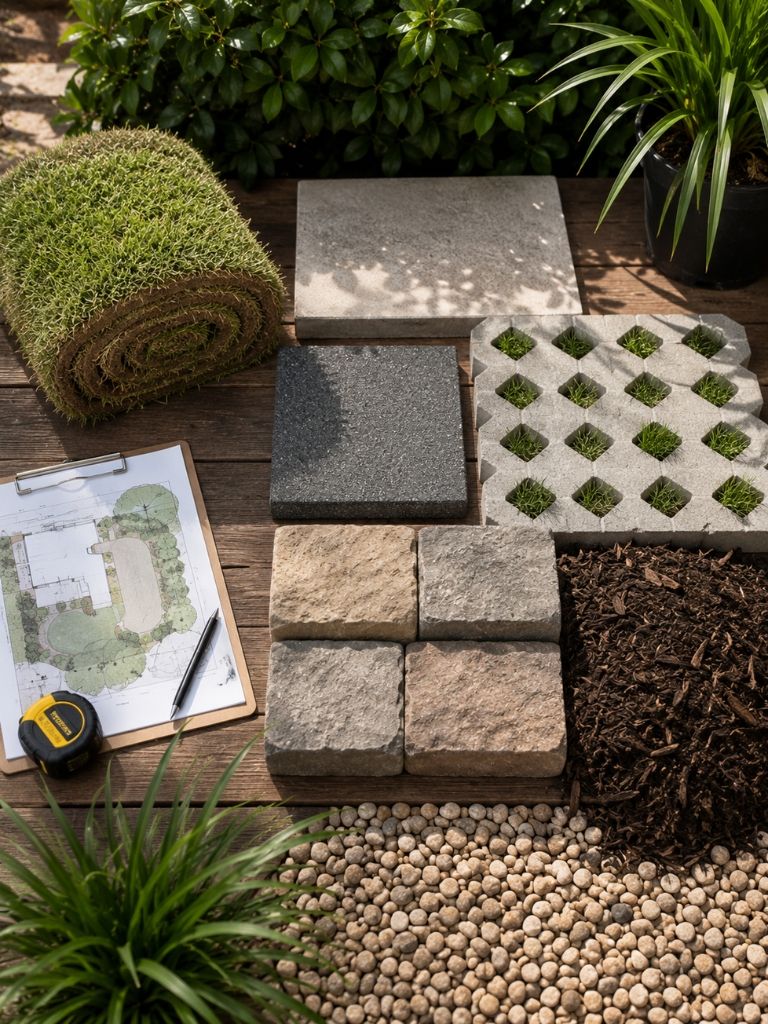 Materials laid out for a landscaping quote including turf pavers and mulch