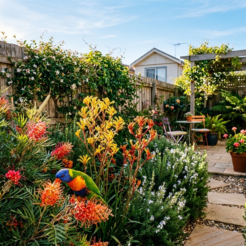 Grevillea and kangaroo paw blooming in a Sydney garden during winter.