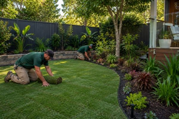 New turf and planted garden beds after landscaping work