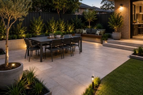 Patio paving in a Sydney backyard set up as a low-maintenance entertaining area