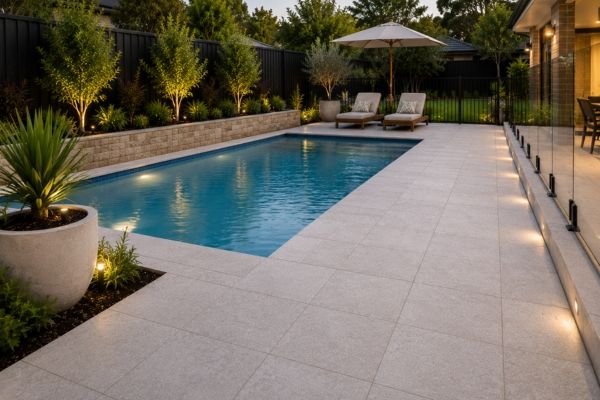 Pool paving around a Sydney backyard swimming pool with a slip-aware finish
