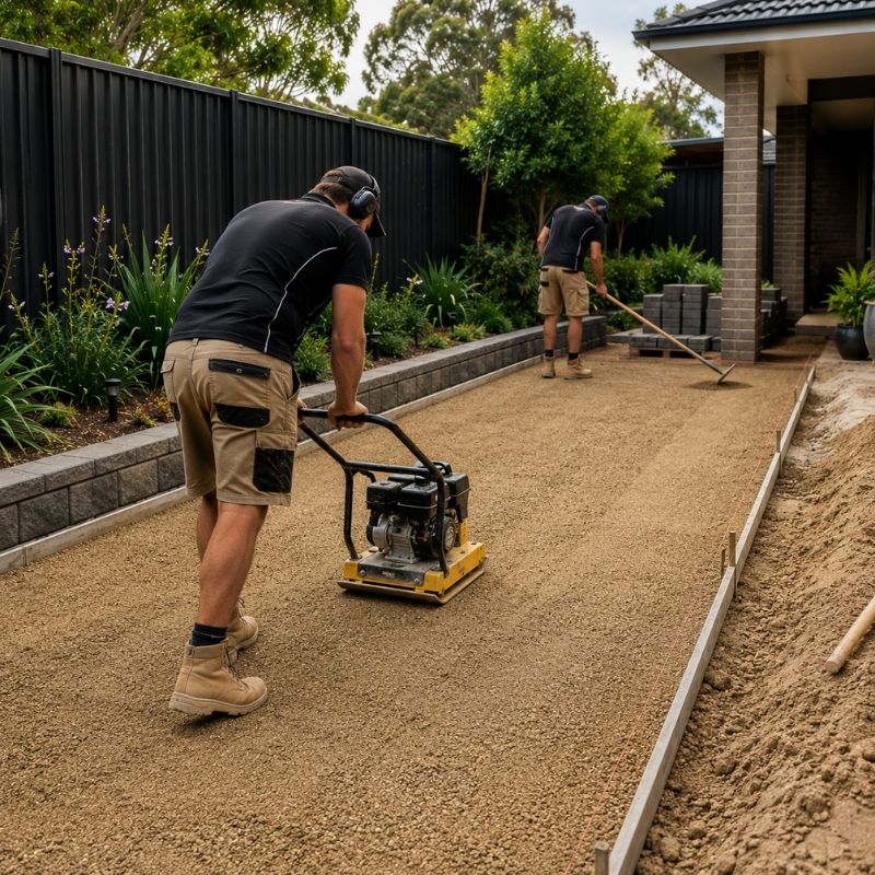 Paving contractors in Sydney preparing a compacted base before laying pavers