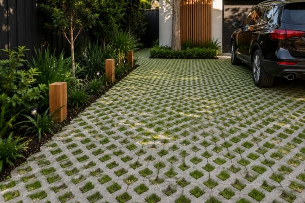 Permeable grid pavers with grass growing through the gaps