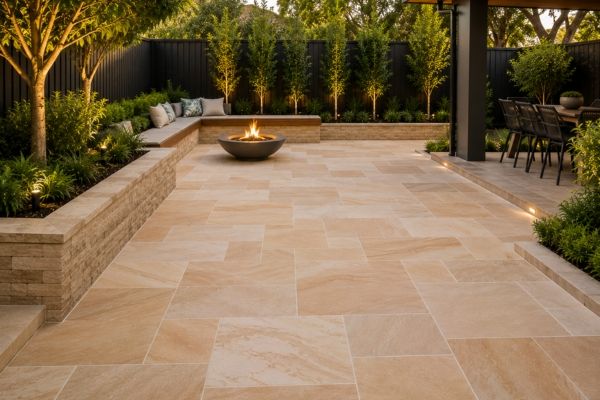 Completed paving project by A Bargain Gardener showing laid sandstone pavers