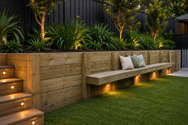 Completed timber retaining wall and bench seat in a Sydney backyard