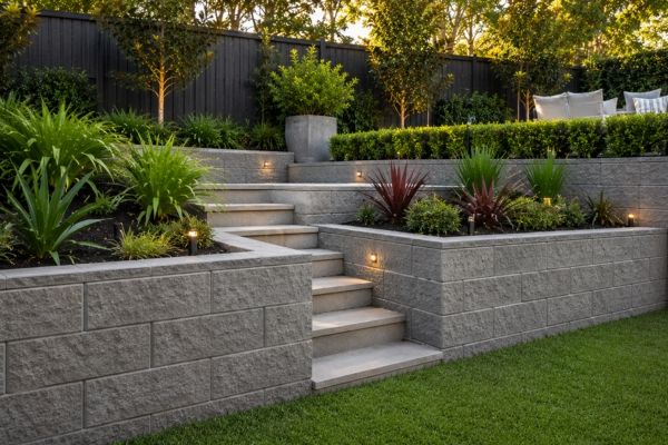 Block retaining wall with steps in a landscaped Sydney garden
