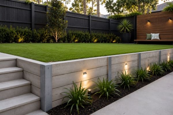 Concrete sleeper retaining wall holding a level lawn