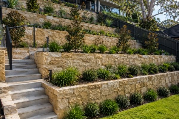Terraced retaining walls on a steep Sydney slope