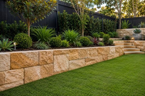 Natural sandstone retaining wall in a landscaped Sydney yard