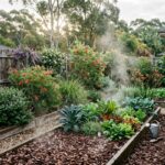 Fresh bark mulch insulating Sydney garden beds on a cool winter morning