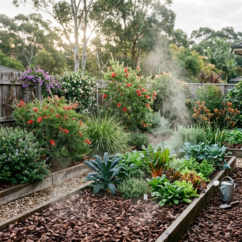 Fresh bark mulch insulating Sydney garden beds on a cool winter morning