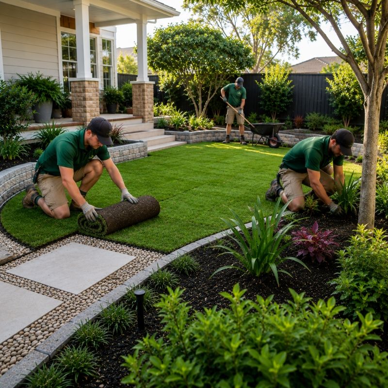 A Bargain Gardener team completing a residential landscaping project