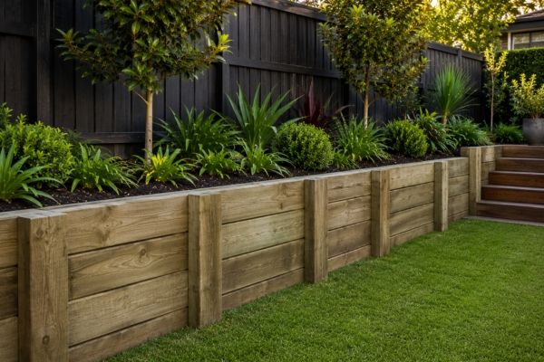 Treated timber sleeper retaining wall edging a backyard