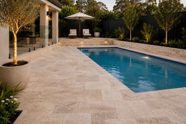 Travertine pavers around a paved pool area
