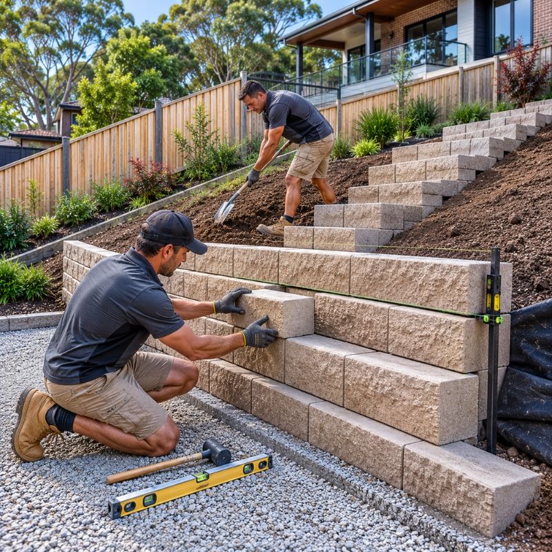 A Bargain Gardener team installing a retaining wall on a sloping Sydney block