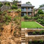 Sloped Sydney backyard transformed into a level landscaped space with a retaining wall holding back soil
