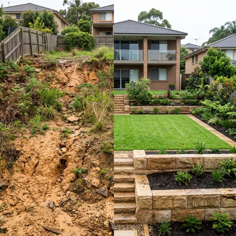 Sloped Sydney backyard transformed into a level landscaped space with a retaining wall holding back soil